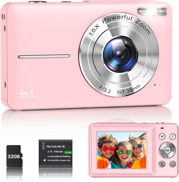 Digitalkamera 1080P Fotokamera 44MP Kamera Fotoapparat Tragbare Kompaktkamera mit 2,4" LCD Bildschirm, 16X Digitalzoom, 32G Micro Speicherkarte, 1 Akku für Kinder Teenager Student Anfänger-Schwarz