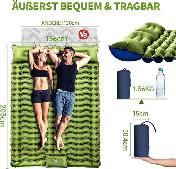 Yuzonc Double Camping Matratze, Selbstaufblasende Camping Isomatte mit Fuß Pumpe, Ultraleichte Verdickte Schlafmatte für Wandern Reisen Backpacking Zelt (Grau) – Bild 6