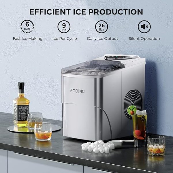Eiswürfelmaschine Klare Eiswürfel, Selbstreinigende Eismaschine, 9 Würfel in 6 Minuten fertig, 15KG in 24 H, Tragbare Ice Maker Cube Maschine für Zuhause/Küche/Büro/Bar, Silber – Bild 5