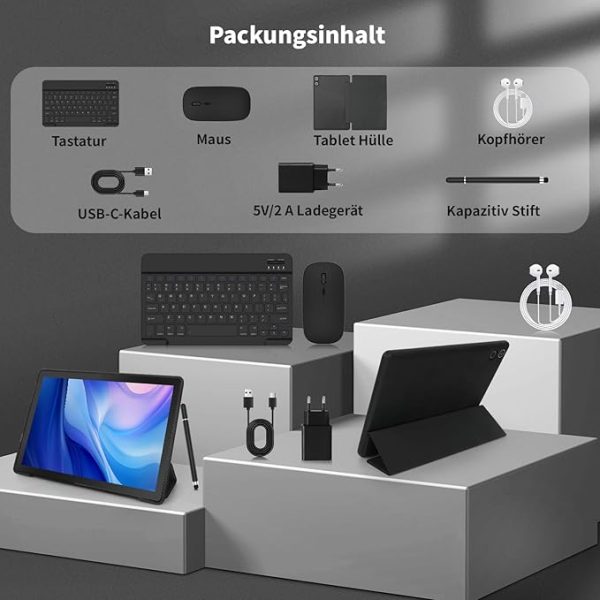Tablet 10 Zoll 8-in-1 Kit Android 14 Tablet PC mit Hülle Tastatur Maus Stift Kopfhörer Netzstecker Kabel Octa-Core 12 GB RAM 64 GB ROM 1TB TF Erweiterbar 1280x800 IPS Touchscreen 5000 mAh (Schwarz) – Bild 6