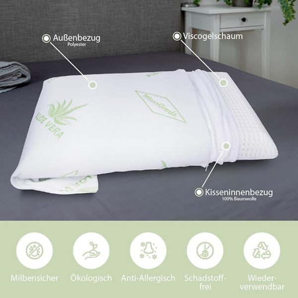 MaxxGoods orthopädisches Kissen, Nackenstützkissen aus Visco Gelschaum mit Aloe Vera Schutzbezug & Innenbezug 100% Baumwolle - Kopfkissen für Wasserbetten, Kinder, Bauchschläfer (42cm x 70cm x 10cm) – Bild 4