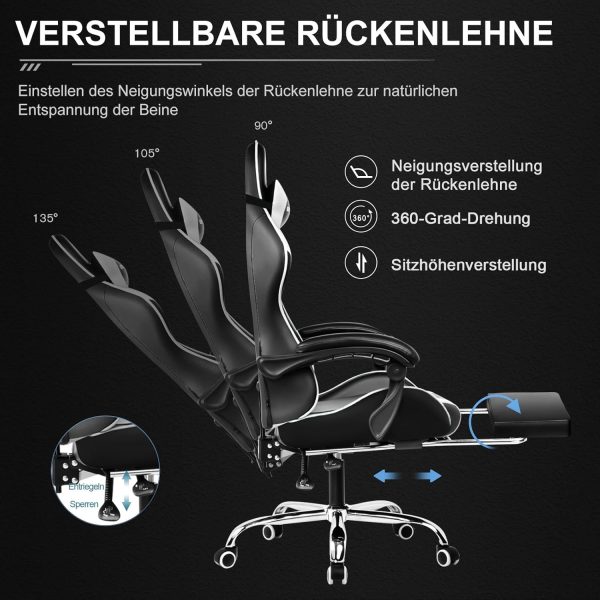 GTPLAYER Gaming Stuhl Bürostuhl Massage Gaming Sessel Ergonomischer Gamer Stuhl mit Fußstütze, Kopfstütze Massage-Lendenkissen, Gepolstert Gaming Chair, Drehsessel, weiß – Bild 14