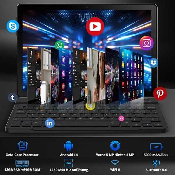 Tablet 10 Zoll 8-in-1 Kit Android 14 Tablet PC mit Hülle Tastatur Maus Stift Kopfhörer Netzstecker Kabel Octa-Core 12 GB RAM 64 GB ROM 1TB TF Erweiterbar 1280x800 IPS Touchscreen 5000 mAh (Schwarz) – Bild 4