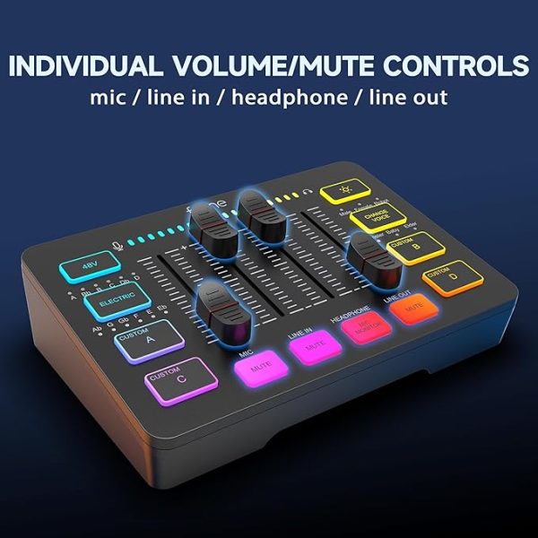 FIFINE Gaming Audio Mixer für PC, RGB Soundkarte für XLR Mikrofon, Audio Interface für Streaming Musiker, Mischpult für Gamer Creators Live YouTube, Individuelle Steuerung, Voice Changer – Bild 5