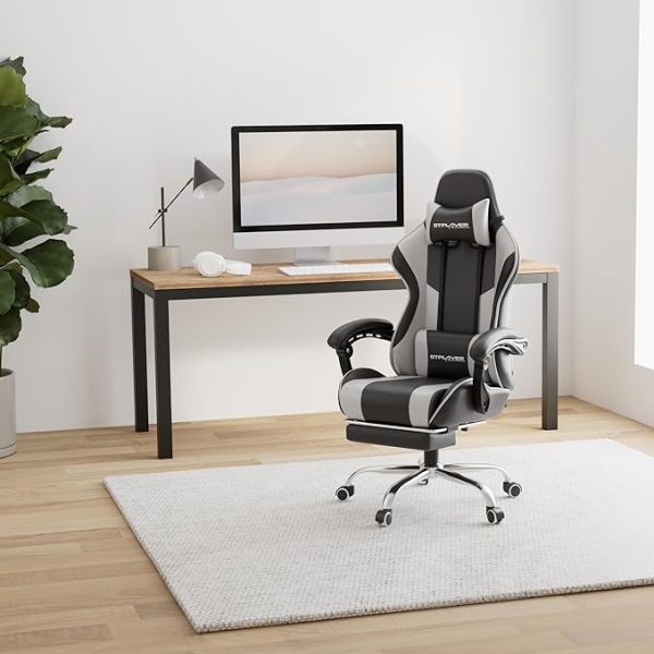 GTPLAYER Gaming Stuhl Bürostuhl Massage Gaming Sessel Ergonomischer Gamer Stuhl mit Fußstütze, Kopfstütze Massage-Lendenkissen, Gepolstert Gaming Chair, Drehsessel, weiß – Bild 12