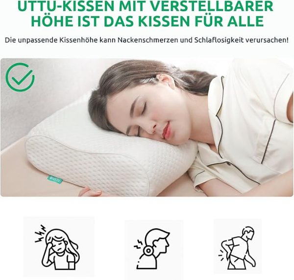 UTTU Memory Foam Kissen, Kopfkissen zur Linderung von Nackenschmerzen, Ergonomisches Nackenkissen Sandwichkissen, verstellbares Memory Schaum Kissen 60x36x12/10cm – Bild 2