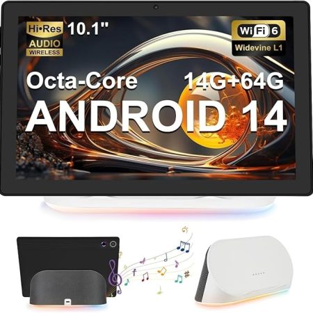 Whitedeer Tablet 10 Zoll Android 14 Octa-Core Tablet mit Ladedock Lautsprecher, 14GB RAM+64GB ROM, AI Cloud Album& 8 Typen von Weißem Rauschen, 1280x800 HD, 5MP+8MP Kamera, Wi-Fi 6&BT 5.3(Schwarz)