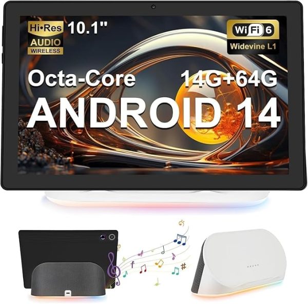Whitedeer Tablet 10 Zoll Android 14 Octa-Core Tablet mit Ladedock Lautsprecher, 14GB RAM+64GB ROM, AI Cloud Album& 8 Typen von Weißem Rauschen, 1280x800 HD, 5MP+8MP Kamera, Wi-Fi 6&BT 5.3(Schwarz)