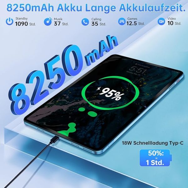 OUKITEL OT5S Tablet 12 Zoll - 2024 Neueste Android 14 Tablet 24GB RAM+256GB ROM(2TB TF) Gaming Tablet, 8250mAh, 2.4K IPS, 16MP+8MP Dual SIM Tablet PC 4G LTE/5G WiFi/GMS/GPS/Widevine L1,Blau – Bild 4