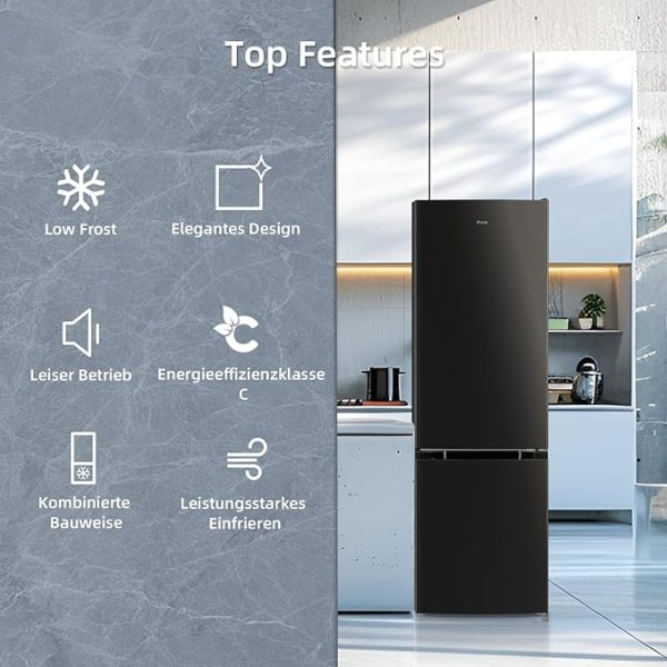 CHIQ CBM260LC Kühl/Gefrie Kombination 262L (187L Kühlbereich+75L XXL Gefrierfach) |87 kWh/Jahr, EEK C, Edelstahloptik, 39dB(A) |Wechselbartür, 4-Sterne Gefrierleistung, Schwarz [Energieklasse C] – Bild 4