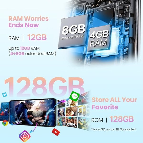 CUBOT A10 Handy Ohne Vertrag, 12(4+8) GB+128GB/1TB, Android 14 Smartphone Günstig, 6.56 Zoll HD+/90Hz Bildschirm, 48MP+16MP Kamera, 5100mAh, Dual SIM 4G Simlockfreie Handys, Face ID/GPS/OTG – Bild 4