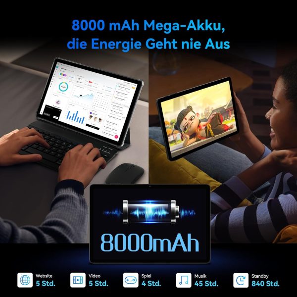 TABWEE T90 Android 15 Tablet mit Tastatur - Gemini AI, 24GB RAM+128GB ROM, Octa Core T615, Gaming Tablet 11 Zoll, 1920x1200 FHD+IPS, 8000mAh Akuu, 13MP+5MP KI Kamera, 5G WiFi, Widevine L1, GPS – Bild 3