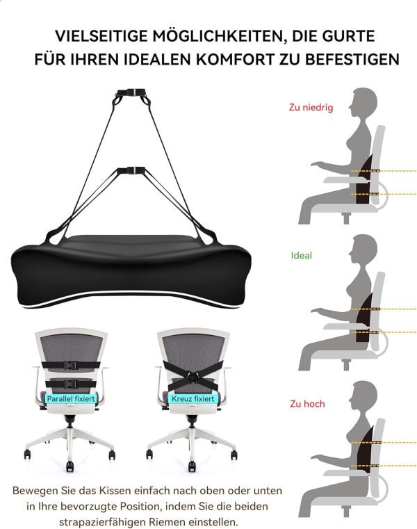 Travel Ease Ergonomisches RückenKissen aus Memory Foam, Lendenkissen für Bürostuhl, Schreibtischstuhl, mit Antistatischem, hautfreundlichem Bezug und für eine Bequeme Sitzhaltung (Schwarz) – Bild 10