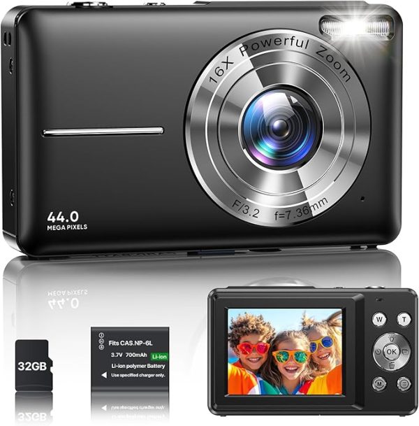 Digitalkamera 1080P Fotokamera 44MP Kamera Fotoapparat Tragbare Kompaktkamera mit 2,4" LCD Bildschirm, 16X Digitalzoom, 32G Micro Speicherkarte, 1 Akku für Kinder Teenager Student Anfänger-Schwarz – Bild 4