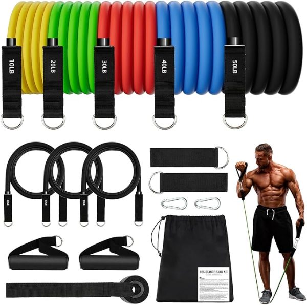 Fitnessbänder Widerstandsbänder mit 8 Stufen, 300lbs Resistance Bands mit Türanker, 2*Griffen, Übungsanleitung&Tragebeutel& Knöchelriemen, Fitnessband für Muskelaufbau,Yoga,Pilates 1.2m*8er Set