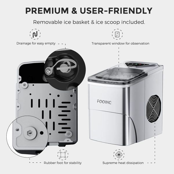 Eiswürfelmaschine Klare Eiswürfel, Selbstreinigende Eismaschine, 9 Würfel in 6 Minuten fertig, 15KG in 24 H, Tragbare Ice Maker Cube Maschine für Zuhause/Küche/Büro/Bar, Silber – Bild 9