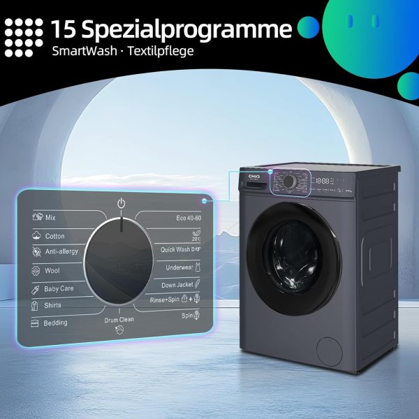 CHiQ Waschmaschine 7kg, InverterMotor, EEK A| 60x46,5x84cm, Große Tür| Eco, Speed Wash, Auto Clean, Kindersicherung|1200 U/Min, Washer Grau, CW07123863AX [Energieklasse A] – Bild 6