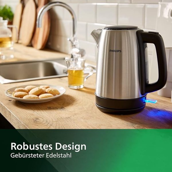 Philips Daily Collection Metall Wasserkocher – 1,7L, Leuchtanzeige, 360°-Basis, Mikro-Sieb-Filter, Flaches Heizelement, Sprungdeckel, Energiesparend, Sicheres Design, Schnelles Aufkochen (HD9350/90) – Bild 8