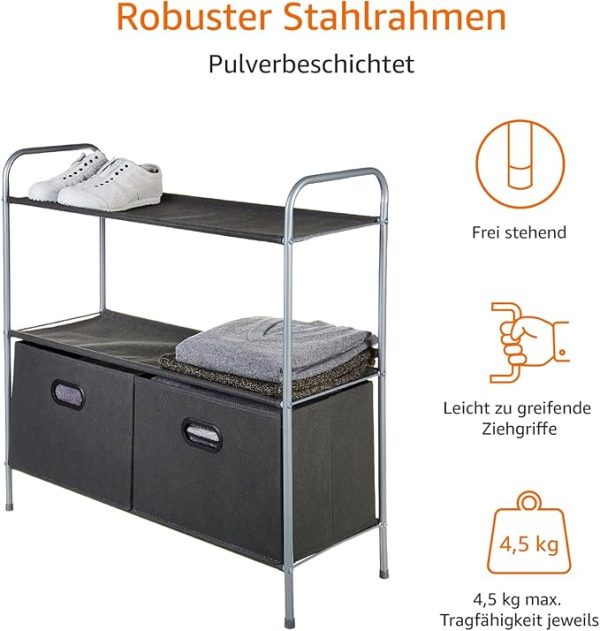 Amazon Basics Schrank-Organisationssystem mit DREI Regalböden aus Stoff und Zwei Zusammenschiebbaren Oben Offenen Behältern, 32.7" x 12.2" x 31", Grau – Bild 4