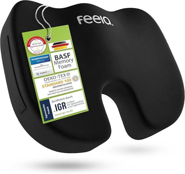 feela.® Orthopädisches Sitzkissen [3 Härtegrade] - Ergonomisches Sitzkissen für Bürostuhl & Co - Wirkt Schmerzreduzierend, Erhöht Sitzkomfort, Fördert Durchblutung und Entlastet das Steißbein (Weich)