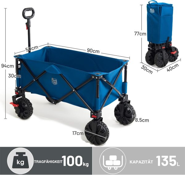 TIMBER RIDGE XXL Bollerwagen Faltbar Breite Reifen mit Bremse Strandwagen mit Seitentasche Getränkehalter Verstellbarem Griff Gartenwagen für Alle Gelände Draussen Einkaufen 100kg Belastbarkeit – Bild 8