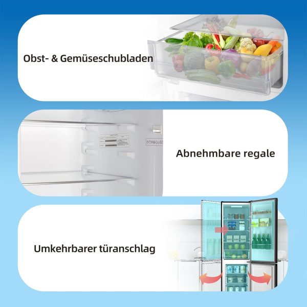 CHIQ CBM260LC Kühl/Gefrie Kombination 262L (187L Kühlbereich+75L XXL Gefrierfach) |87 kWh/Jahr, EEK C, Edelstahloptik, 39dB(A) |Wechselbartür, 4-Sterne Gefrierleistung, Schwarz [Energieklasse C] – Bild 7