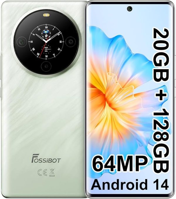 FOSSiBOT Smartphone ohne Vertrag, 6,67-Zoll AMOLED Display mit 1,09 Zoll Rückbildschirm, 64-MP-Kamera, 20GB+128GB, Dual SIM Handy, Unterstützung NFC/GPS/OTG/Fingerabdrucker/Gesichtser (Grün)
