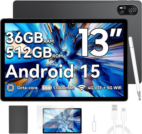 Blackview MEGA8 Android 15 Tablet 13" Zoll, 36GB RAM+512GB ROM Gaming Tablet LTE, 2K FHD Großes Display, Octa Core T620, 50MP+13MP Dual Camera, 11000mAh Akuu, 4G LTE+5G WLAN, WideVine L1, Face ID, GPS