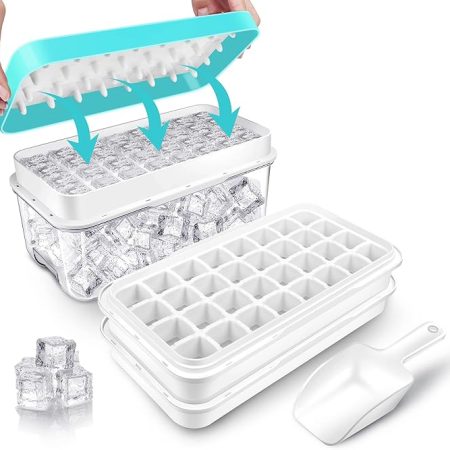 Eiswürfelbehälter mit Deckel und Behälter, 64 Stück Eiswürfel, einfaches Drücken, um das Eis zu lösen, Kühlen von Cocktail, Whiskey, Kaffee, 2 Schalen, 1 Eiskübel und Schaufel (Schwarz)