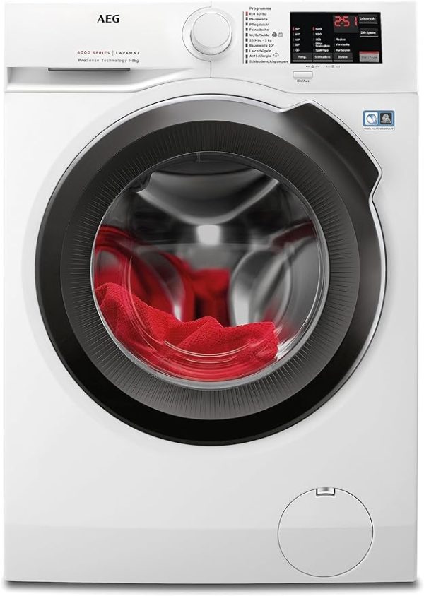 AEG Waschmaschine 8 kg, Serie 6000 ProSense: Mengenautomatik für automatische Anpassung von Waschdauer & Energieverbrauch, Startzeitvorwahl, Nachlegefunktion, Vollwasserschutz, 1400 U/min, L6AMZ48FL [Energieklasse A]