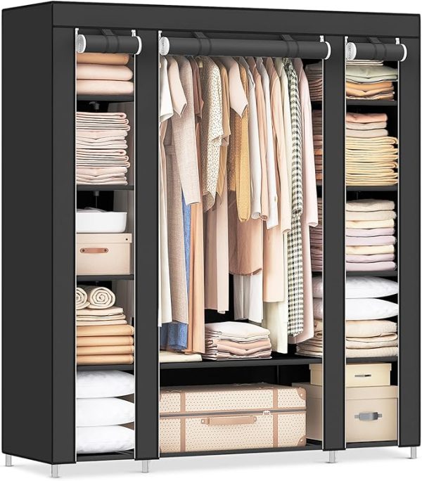 SONGMICS, Kleiderschrank aus Stoff, tragbar, für das Schlafzimmer, Kleiderständer mit Stoffabdeckung, 45 x 150 x 175 cm, 12 Fächer, Metallstruktur, Rosa (Puderrosa), LSF003P02 – Bild 5