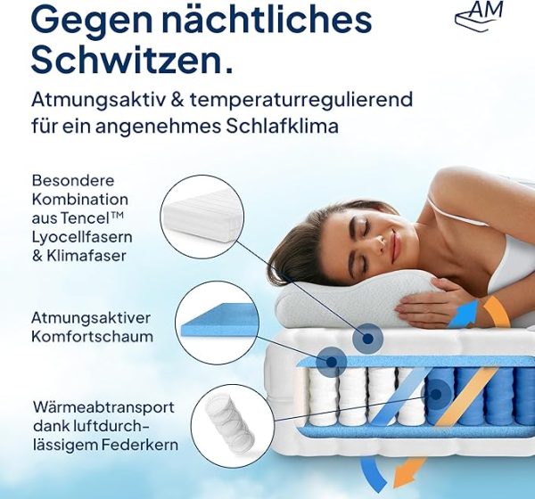 AM Qualitätsmatratzen Premium Taschenfederkernmatratze 90x200cm H3 24cm - Made in Germany & Oeko TEX Siegel - 7 Zonen Federkernmatratze 90x200 mit Lyocell Bezug - Orthopädische Matratze 90x200 H3 – Bild 2