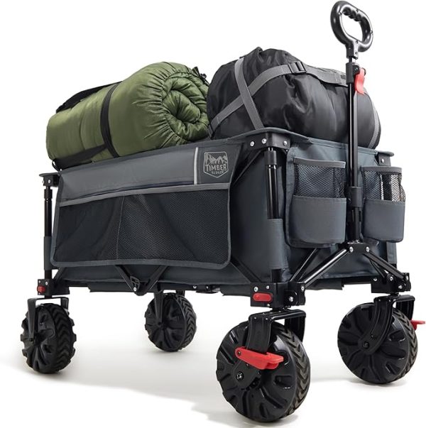 TIMBER RIDGE XXL Bollerwagen Faltbar Breite Reifen mit Bremse Strandwagen mit Seitentasche Getränkehalter Verstellbarem Griff Gartenwagen für Alle Gelände Draussen Einkaufen 100kg Belastbarkeit – Bild 3