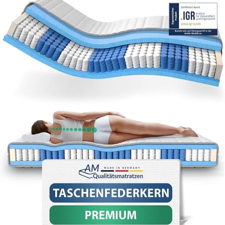 AM Qualitätsmatratzen Premium Taschenfederkernmatratze 90x200cm H3 24cm - Made in Germany & Oeko TEX Siegel - 7 Zonen Federkernmatratze 90x200 mit Lyocell Bezug - Orthopädische Matratze 90x200 H3