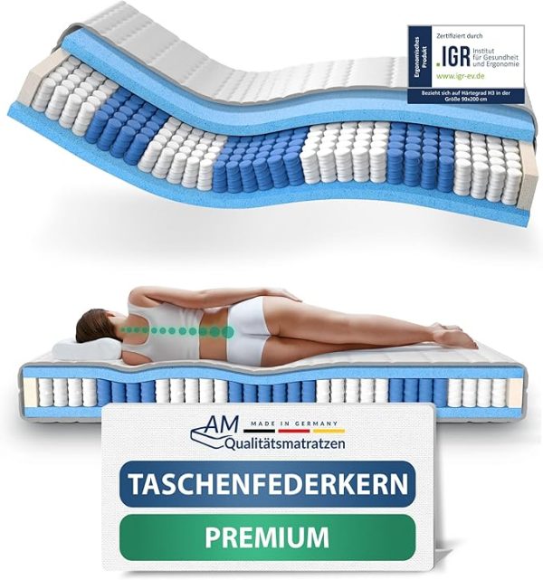 AM Qualitätsmatratzen Premium Taschenfederkernmatratze 90x200cm H3 24cm - Made in Germany & Oeko TEX Siegel - 7 Zonen Federkernmatratze 90x200 mit Lyocell Bezug - Orthopädische Matratze 90x200 H3
