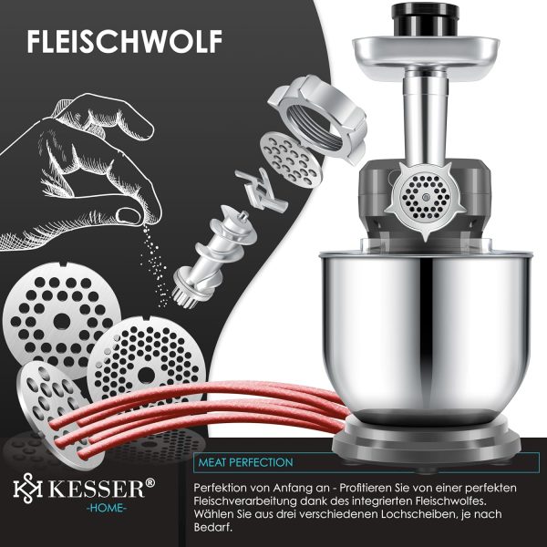 KESSER® 3 in 1 Universal Küchenmaschine K-KM 3000 mit Fleischwolf Knetmaschine Multifunktionale Rührmaschine 5,5L Schüssel mit 3 Rührwerkzeuge, 1,5L Entsafter, Zubehör-Set, Pasta & Gebäckformen – Bild 10