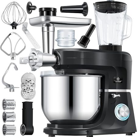 KESSER® 3 in 1 Universal Küchenmaschine K-KM 3000 mit Fleischwolf Knetmaschine Multifunktionale Rührmaschine 5,5L Schüssel mit 3 Rührwerkzeuge, 1,5L Entsafter, Zubehör-Set, Pasta & Gebäckformen