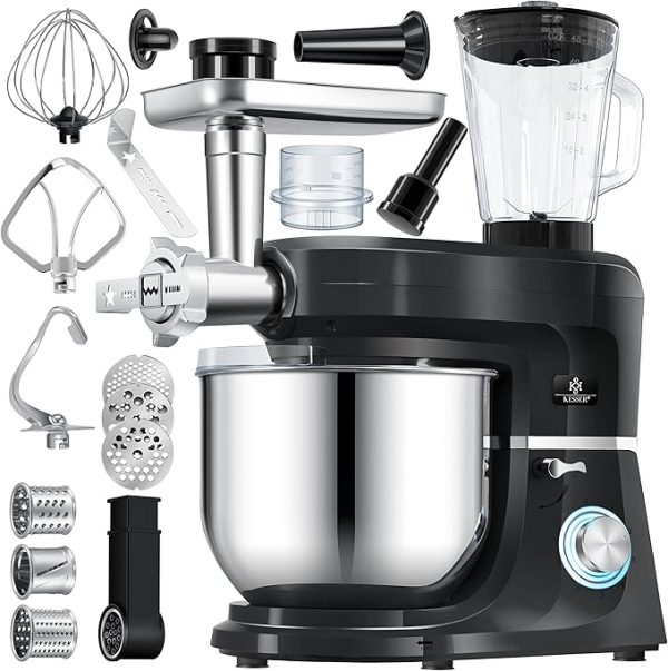 KESSER® 3 in 1 Universal Küchenmaschine K-KM 3000 mit Fleischwolf Knetmaschine Multifunktionale Rührmaschine 5,5L Schüssel mit 3 Rührwerkzeuge, 1,5L Entsafter, Zubehör-Set, Pasta & Gebäckformen