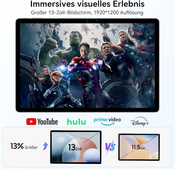 Blackview MEGA8 Android 15 Tablet 13" Zoll, 36GB RAM+512GB ROM Gaming Tablet LTE, 2K FHD Großes Display, Octa Core T620, 50MP+13MP Dual Camera, 11000mAh Akuu, 4G LTE+5G WLAN, WideVine L1, Face ID, GPS – Bild 3