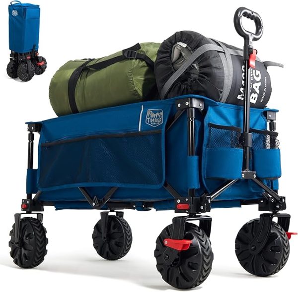 TIMBER RIDGE XXL Bollerwagen Faltbar Breite Reifen mit Bremse Strandwagen mit Seitentasche Getränkehalter Verstellbarem Griff Gartenwagen für Alle Gelände Draussen Einkaufen 100kg Belastbarkeit