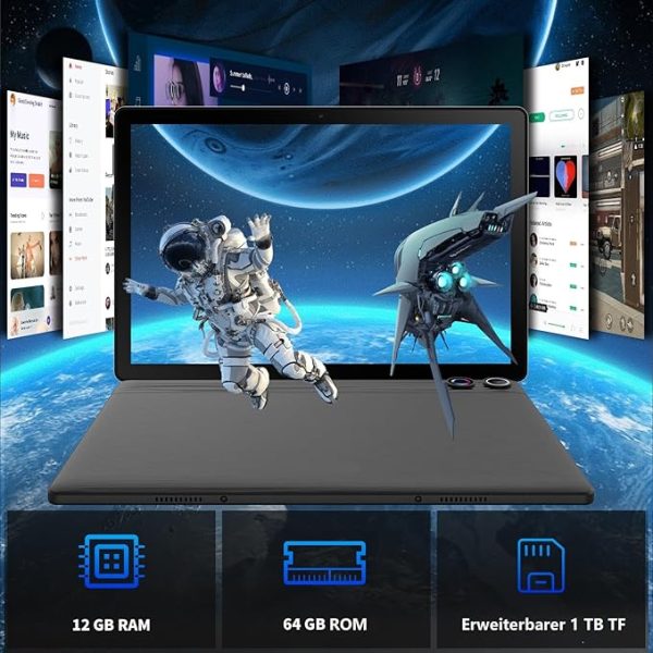 Tablet 10 Zoll 8-in-1 Kit Android 14 Tablet PC mit Hülle Tastatur Maus Stift Kopfhörer Netzstecker Kabel Octa-Core 12 GB RAM 64 GB ROM 1TB TF Erweiterbar 1280x800 IPS Touchscreen 5000 mAh (Schwarz) – Bild 2