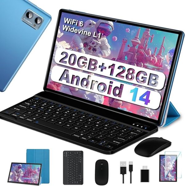 2025 Neueste Tablet 10.1 Zoll Android 14 Octa-Core 22GB RAM+128GB ROM 1TB TF, Widevine L1,5G+2.4G WiFi, GMS,BT 5.0, 8000mAh, 8MP+5MP,1280*800, Face ID, GPS,Type C, Tablet PC mit Tastatur, Maus-Blau – Bild 4