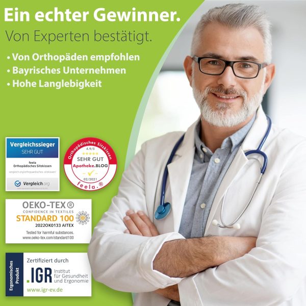 feela.® Orthopädisches Sitzkissen [3 Härtegrade] - Ergonomisches Sitzkissen für Bürostuhl & Co - Wirkt Schmerzreduzierend, Erhöht Sitzkomfort, Fördert Durchblutung und Entlastet das Steißbein (Weich) – Bild 10