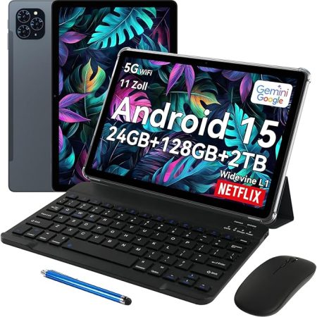 TABWEE T90 Android 15 Tablet mit Tastatur - Gemini AI, 24GB RAM+128GB ROM, Octa Core T615, Gaming Tablet 11 Zoll, 1920x1200 FHD+IPS, 8000mAh Akuu, 13MP+5MP KI Kamera, 5G WiFi, Widevine L1, GPS