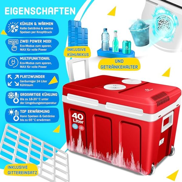KESSER® Kühlbox 40L mit Rollen | Thermo-Elektrische Kühlbox | KÜHLT und WÄRMT | 12 & 230V | Thermobox für Auto, Boot & Camping | Mini-Kühlschrank mit ECO & MAX Modus | inkl. Kühlakkus & Getränkehalter – Bild 10