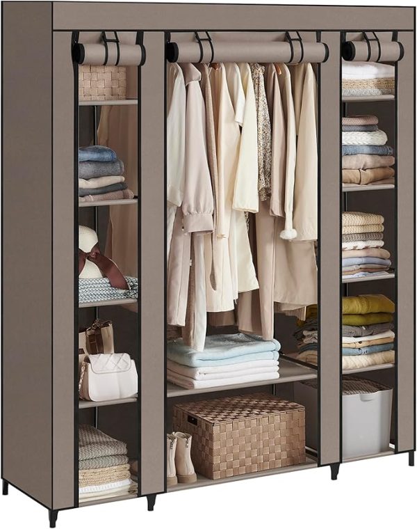 SONGMICS, Kleiderschrank aus Stoff, tragbar, für das Schlafzimmer, Kleiderständer mit Stoffabdeckung, 45 x 150 x 175 cm, 12 Fächer, Metallstruktur, Rosa (Puderrosa), LSF003P02 – Bild 4