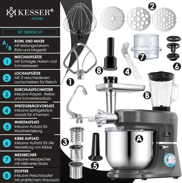 KESSER® 3 in 1 Universal Küchenmaschine K-KM 3000 mit Fleischwolf Knetmaschine Multifunktionale Rührmaschine 5,5L Schüssel mit 3 Rührwerkzeuge, 1,5L Entsafter, Zubehör-Set, Pasta & Gebäckformen – Bild 7