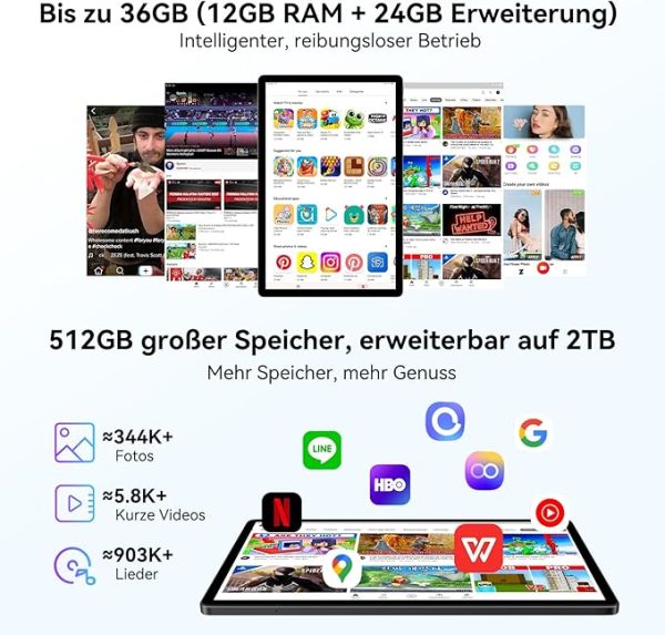 Blackview MEGA8 Android 15 Tablet 13" Zoll, 36GB RAM+512GB ROM Gaming Tablet LTE, 2K FHD Großes Display, Octa Core T620, 50MP+13MP Dual Camera, 11000mAh Akuu, 4G LTE+5G WLAN, WideVine L1, Face ID, GPS – Bild 5