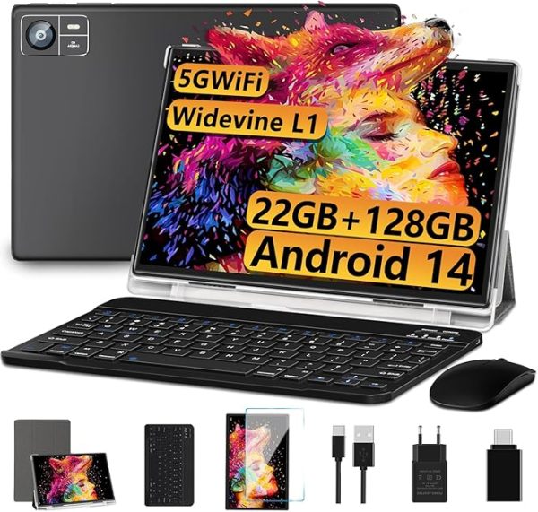 2025 Neueste Tablet 10.1 Zoll Android 14 Octa-Core 22GB RAM+128GB ROM 1TB TF, Widevine L1,5G+2.4G WiFi, GMS,BT 5.0, 8000mAh, 8MP+5MP,1280*800, Face ID, GPS,Type C, Tablet PC mit Tastatur, Maus-Blau – Bild 3