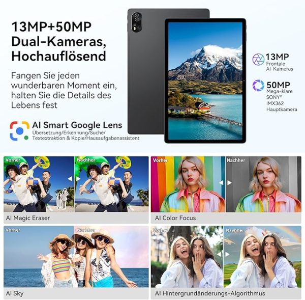 Blackview MEGA8 Android 15 Tablet 13" Zoll, 36GB RAM+512GB ROM Gaming Tablet LTE, 2K FHD Großes Display, Octa Core T620, 50MP+13MP Dual Camera, 11000mAh Akuu, 4G LTE+5G WLAN, WideVine L1, Face ID, GPS – Bild 7